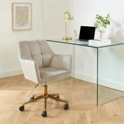 Fauteuil De Bureau MONACO En Velours Beige Avec Pieds Dorés