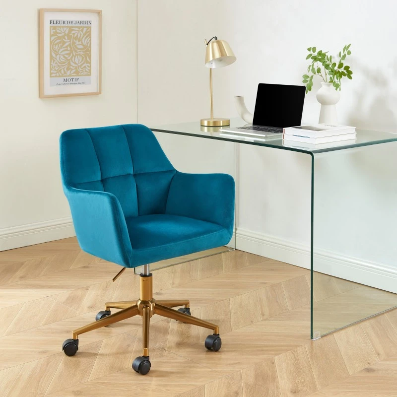 Fauteuil De Bureau MONACO En Velours Bleu Avec Pieds Dorés 3 Fauteuil De Bureau MONACO En Velours Bleu Avec Pieds Dorés