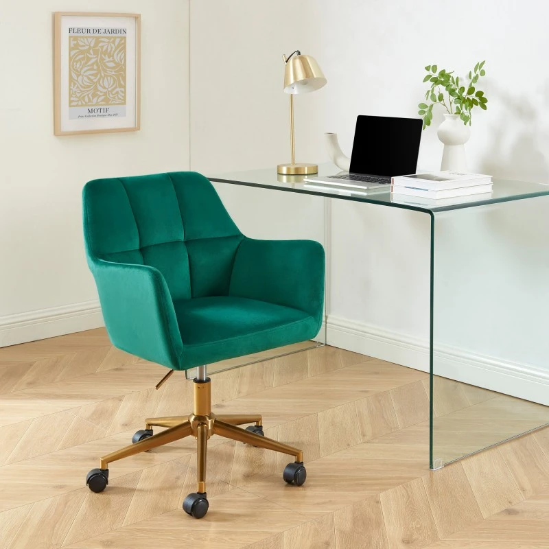 Fauteuil De Bureau MONACO En Velours Vert Avec Pieds Dorés 3 Fauteuil De Bureau MONACO En Velours Vert Avec Pieds Dorés
