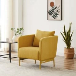 Mobilia Soldes 14 Fauteuil PANTONE Tissu Jaune Moutarde Avec Piètement Métal Jaune Moutarde