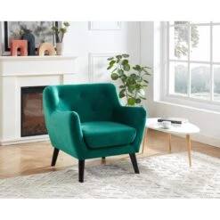 Fauteuil SCANDI En Velours Vert Avec Pieds En Bois
