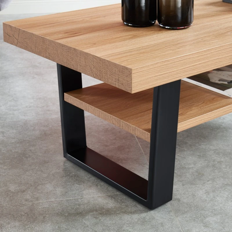 Table Basse FELIX Effet Chêne Et Métal Noir Double Plateau 5 Table Basse FELIX Effet Chêne Et Métal Noir Double Plateau – Image 3