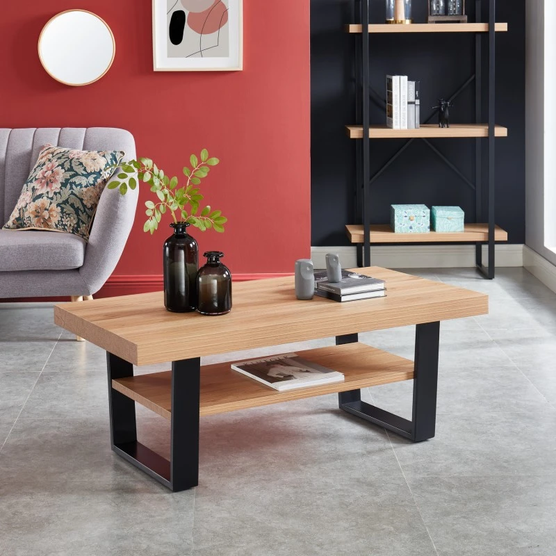 Table Basse FELIX Effet Chêne Et Métal Noir Double Plateau 3 Table Basse FELIX Effet Chêne Et Métal Noir Double Plateau