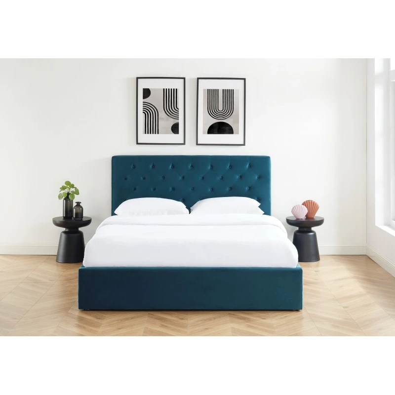 Lit Double Avec Coffre HUBERT Velours Bleu Paon 160x200 Sommier Inclus 3 Lit Double Avec Coffre HUBERT Velours Bleu Paon 160x200 Sommier Inclus