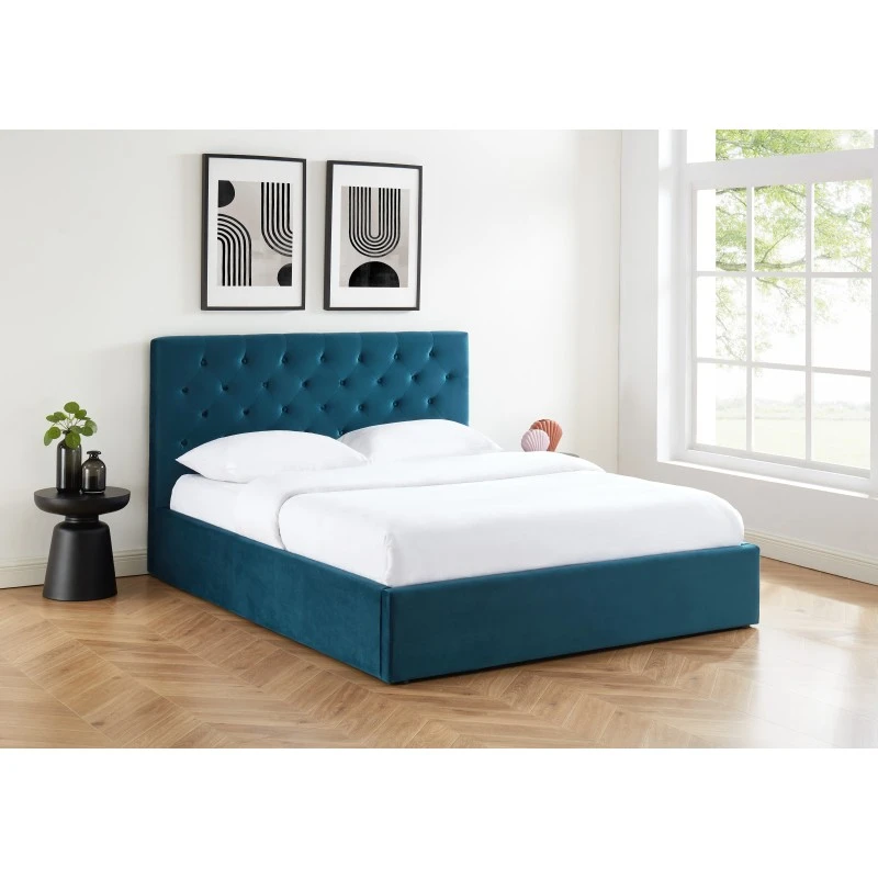 Lit Double Avec Coffre HUBERT Velours Bleu Paon 160x200 Sommier Inclus 5 Lit Double Avec Coffre HUBERT Velours Bleu Paon 160x200 Sommier Inclus – Image 3