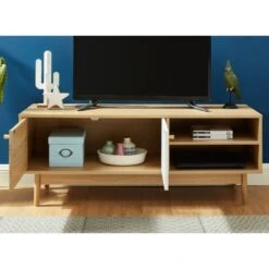 Meuble Tv LEIKA Blanc Et Effet Chêne 2 Portes 120cm -Mobilia Soldes leika02 mtv blch 1