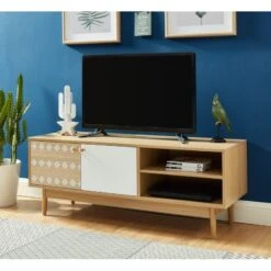 Meuble Tv LEIKA Blanc Et Effet Chêne 2 Portes 120cm