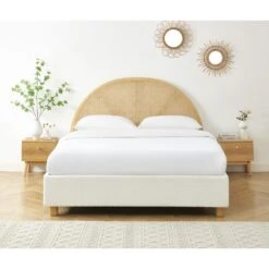 Lit Coffre TSUKI 160x200 Tissu Bouclette écru Et Cannage Rotin