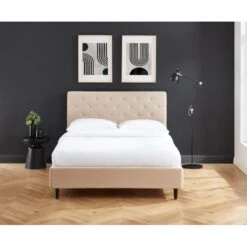 Lit Double HUBERT Velours Beige Sommier 140x190 Cm Inclus