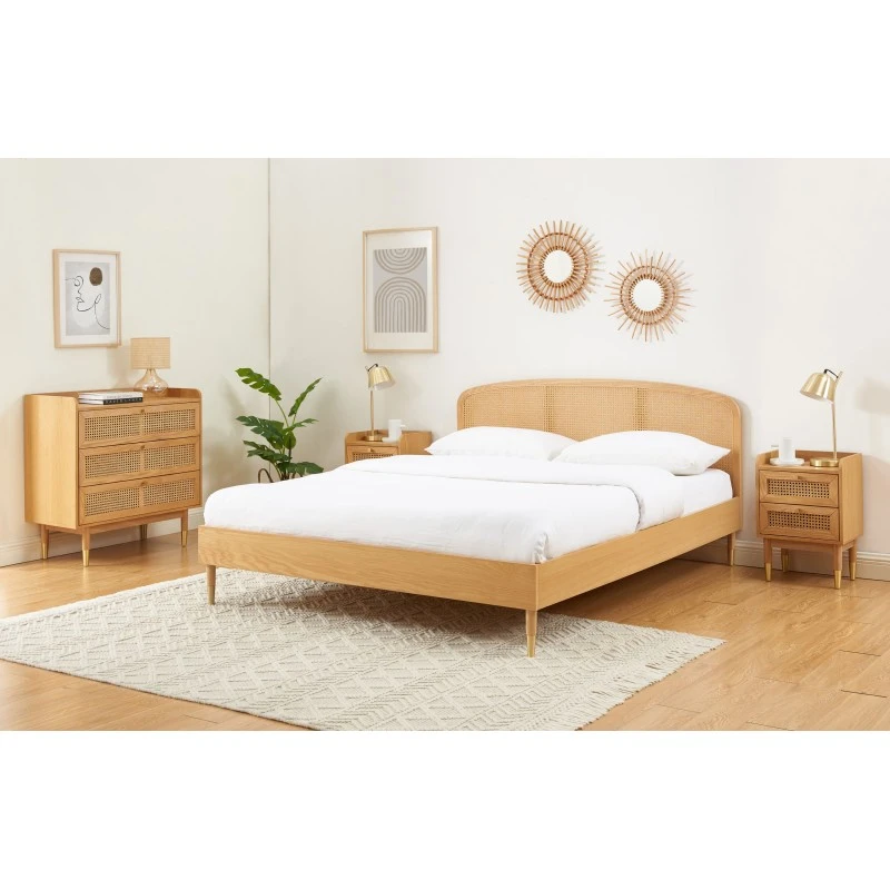 Lit Double LEON Placage Chêne Et Cannage Rotin 140x190 Sommier Inclus 4 Lit Double LEON Placage Chêne Et Cannage Rotin 140x190 Sommier Inclus – Image 2