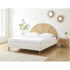 Lit Double TSUKI 140x190 Tissu Bouclette écru Et Cannage Rotin -Mobilia Soldes lit double tsuki 140x190 tissu bouclettes ecru et cannage rotin 1