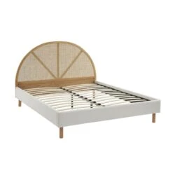 Lit Double TSUKI 140x190 Tissu Bouclette écru Et Cannage Rotin -Mobilia Soldes lit double tsuki 140x190 tissu bouclettes ecru et cannage rotin 4