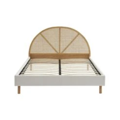 Lit Double TSUKI 140x190 Tissu Bouclette écru Et Cannage Rotin -Mobilia Soldes lit double tsuki 140x190 tissu bouclettes ecru et cannage rotin 5