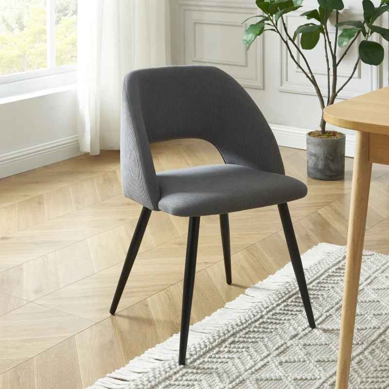 Lot De 2 Chaises VINTAGE Velours Côtelé Gris Pieds Métal Noir 3 Lot De 2 Chaises VINTAGE Velours Côtelé Gris Pieds Métal Noir