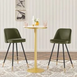 Lot De 2 Tabourets EUGENE En Velours Kaki Avec Pieds Noir Et Doré