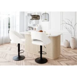 Lot De 2 Tabourets De Bar LENNY En Tissu Bouclette Blanc Piètement En Métal Noir