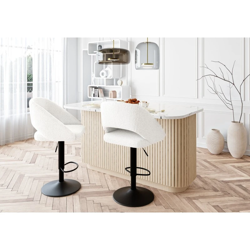 Lot De 2 Tabourets De Bar LENNY En Tissu Bouclette Blanc Piètement En Métal Noir 3 Lot De 2 Tabourets De Bar LENNY En Tissu Bouclette Blanc Piètement En Métal Noir