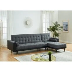 Canapé D'angle 4 Places LUXURY Tissu Gris/PU Noir -Pieds Gold Angle Réversible - Convertible