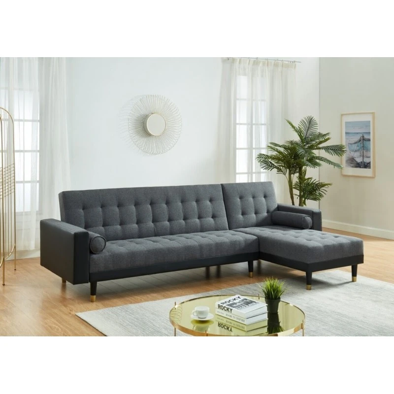 Canapé D'angle 4 Places LUXURY Tissu Gris/PU Noir -Pieds Gold Angle Réversible - Convertible 3 Canapé D'angle 4 Places LUXURY Tissu Gris/PU Noir -Pieds Gold Angle Réversible - Convertible