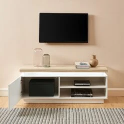 Meuble Tv à Led COSMOS Laqué Blanc Et Effet Chêne L120cm 14 Meuble Tv à Led COSMOS Laqué Blanc Et Effet Chêne L120cm -Mobilia Soldes meuble tv a led cosmos laque blanc et effet chene l120cm 2