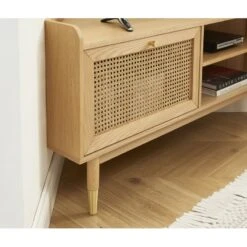 Meuble TV D'angle LEON Placage Chêne Et Cannage Rotin 120cm -Mobilia Soldes meuble tv d angle leon placage chene et cannage rotin 120cm 2