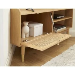 Meuble TV D'angle LEON Placage Chêne Et Cannage Rotin 120cm -Mobilia Soldes meuble tv d angle leon placage chene et cannage rotin 120cm 3