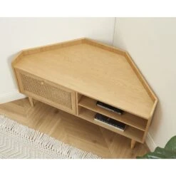 Meuble TV D'angle LEON Placage Chêne Et Cannage Rotin 120cm -Mobilia Soldes meuble tv d angle leon placage chene et cannage rotin 120cm 4