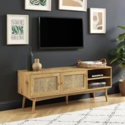 Meuble Tv INES Effet Chêne Et Cannage Rotin L140cm 13 Meuble Tv INES Effet Chêne Et Cannage Rotin L140cm -Mobilia Soldes meuble tv ines effet chene et cannage rotin l140cm 2