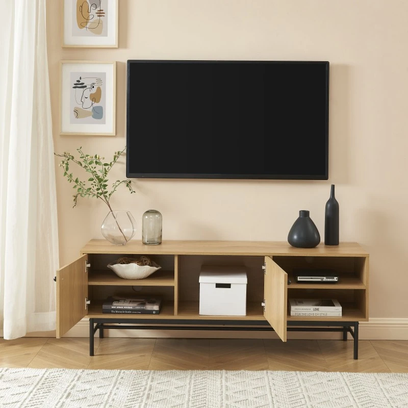 Meuble Tv JAMES Effet Chêne Pieds Métal Noir 150cm 6 Meuble Tv JAMES Effet Chêne Pieds Métal Noir 150cm – Image 4