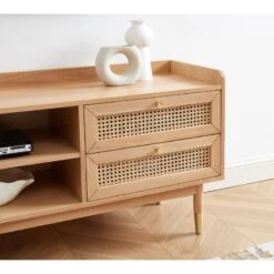 Meuble Tv LEON Chêne Et Cannage Rotin 160cm 12 Meuble Tv LEON Chêne Et Cannage Rotin 160cm -Mobilia Soldes meuble tv leon bois et cannage naturel 1 porte et 2 tiroirs l160cm 2