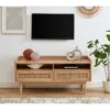 Meuble Tv LEON Chêne Et Cannage Rotin 120cm 2 Meuble Tv LEON Chêne Et Cannage Rotin 120cm -Mobilia Soldes meuble tv leon bois et cannage naturel 2 tiroirs et 2 niches l120cm