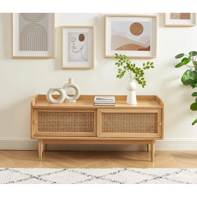 Meuble TV LEON Placage Chêne Et Cannage Rotin 120cm 3 Meuble TV LEON Placage Chêne Et Cannage Rotin 120cm