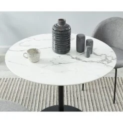 Table Ronde MONIKA Verre Effet Marbre Ronde 90cm Pied Noir -Mobilia Soldes monika table de sejour 90 cm 2