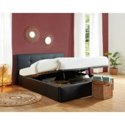 Lit Coffre SEGURO Simili Noir 140x190 Sommier Inclus -Mobilia Soldes seguro140no lit coffre noir 2
