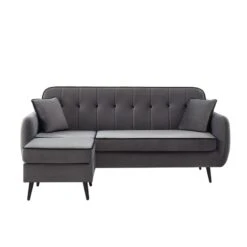 Canapé D'angle SWEETY Velours Gris Pieds Métal Noir 4 Places Et 2 Coussins -Mobilia Soldes sweetyanfxvvgr canape 3pl 5