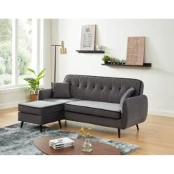 Canapé D'angle SWEETY Velours Gris Pieds Métal Noir 4 Places Et 2 Coussins -Mobilia Soldes sweetyanfxvvgr canape 3pl 6