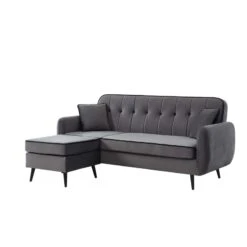 Canapé D'angle SWEETY Velours Gris Pieds Métal Noir 4 Places Et 2 Coussins -Mobilia Soldes sweetyanfxvvgr canape 3pl 7