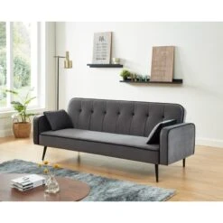 Canapé Convertible SWEETY Droit En Velours Gris Pieds Métal Noir Et 2 Coussins