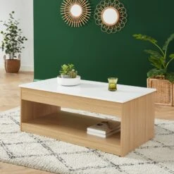 Table Basse AMOS Blanc Et Effet Chêne Plateau Revelable 12 Table Basse AMOS Blanc Et Effet Chêne Plateau Revelable -Mobilia Soldes table basse amos decor bois et blanc plateau relevable l110cm 2