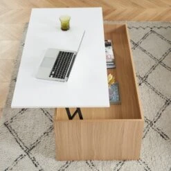 Table Basse AMOS Blanc Et Effet Chêne Plateau Revelable 13 Table Basse AMOS Blanc Et Effet Chêne Plateau Revelable -Mobilia Soldes table basse amos decor bois et blanc plateau relevable l110cm 3