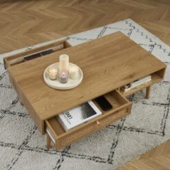 Table Basse INES Effet Chêne Et Cannage Rotin -Mobilia Soldes table basse ines effet chene et cannage rotin 1