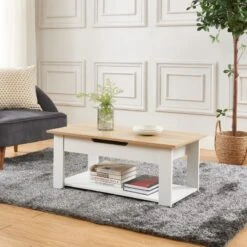 Table Basse JULIETTE Blanc Et Effet Chêne 1 Tiroir