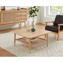 Table Basse LEON Chêne Et Cannage Rotin Carrée 80cm