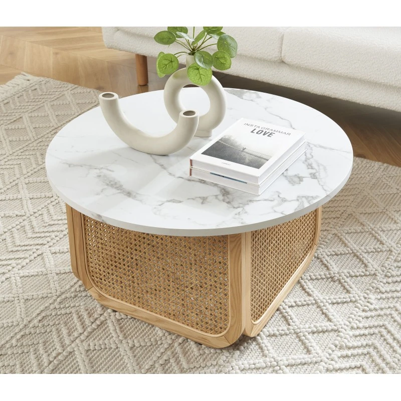 Table Basse LEON Effet Marbre Et Cannage Rotin 80cm 5 Table Basse LEON Effet Marbre Et Cannage Rotin 80cm – Image 3