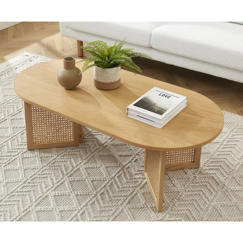 Table Basse LEON Placage Chêne Et Cannage Rotin 120cm 5 Table Basse LEON Placage Chêne Et Cannage Rotin 120cm – Image 3