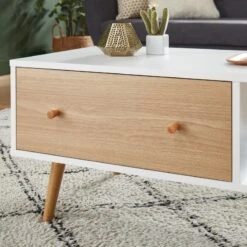 Table Basse UTAH Blanc Et Effet Bois 90cm 11 Table Basse UTAH Blanc Et Effet Bois 90cm -Mobilia Soldes table basse utah decor bois et blanc 2 tiroirs et 1 niche l90cm 3