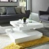 Table Basse VEGAS Laqué Blanc Brillant Plateau Pivotant -Mobilia Soldes table basse vegas laque blanc brillant plateau pivotant