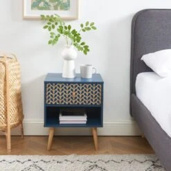 Table De Chevet CAPUCINE Bleu Pétrole Et Effet Chêne 40cm