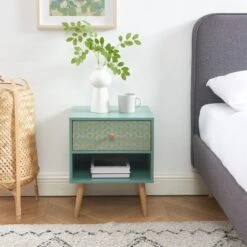 Table De Chevet CAPUCINE Vert De Gris Et Effet Chêne 40cm