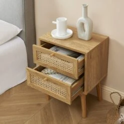 Table De Chevet INES Effet Chêne Et Cannage Rotin 2 Tiroirs -Mobilia Soldes table de chevet ines effet chene et cannage rotin 2 tiroirs 2